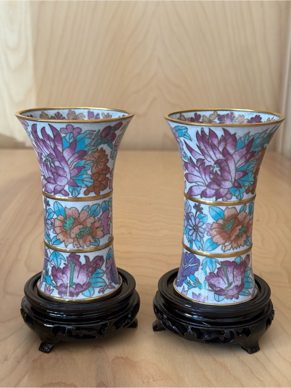 Vintage Chinese Cloisonné Bamboo Node Enamel Vases with Carved Wood Stands/Pair